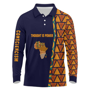 Kwame Nkrumah Ghana Long Sleeve Polo Shirt African Map Pattern Design and Economic Freedom Quote Tribute - African Pride