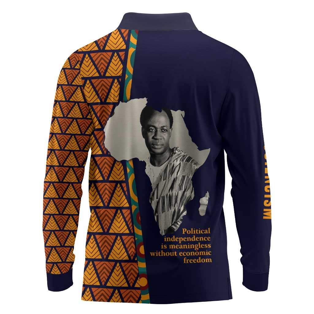 Kwame Nkrumah Ghana Long Sleeve Polo Shirt African Map Pattern Design and Economic Freedom Quote Tribute - African Pride