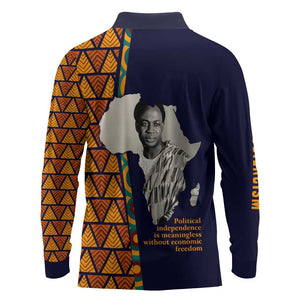 Kwame Nkrumah Ghana Long Sleeve Polo Shirt African Map Pattern Design and Economic Freedom Quote Tribute - African Pride