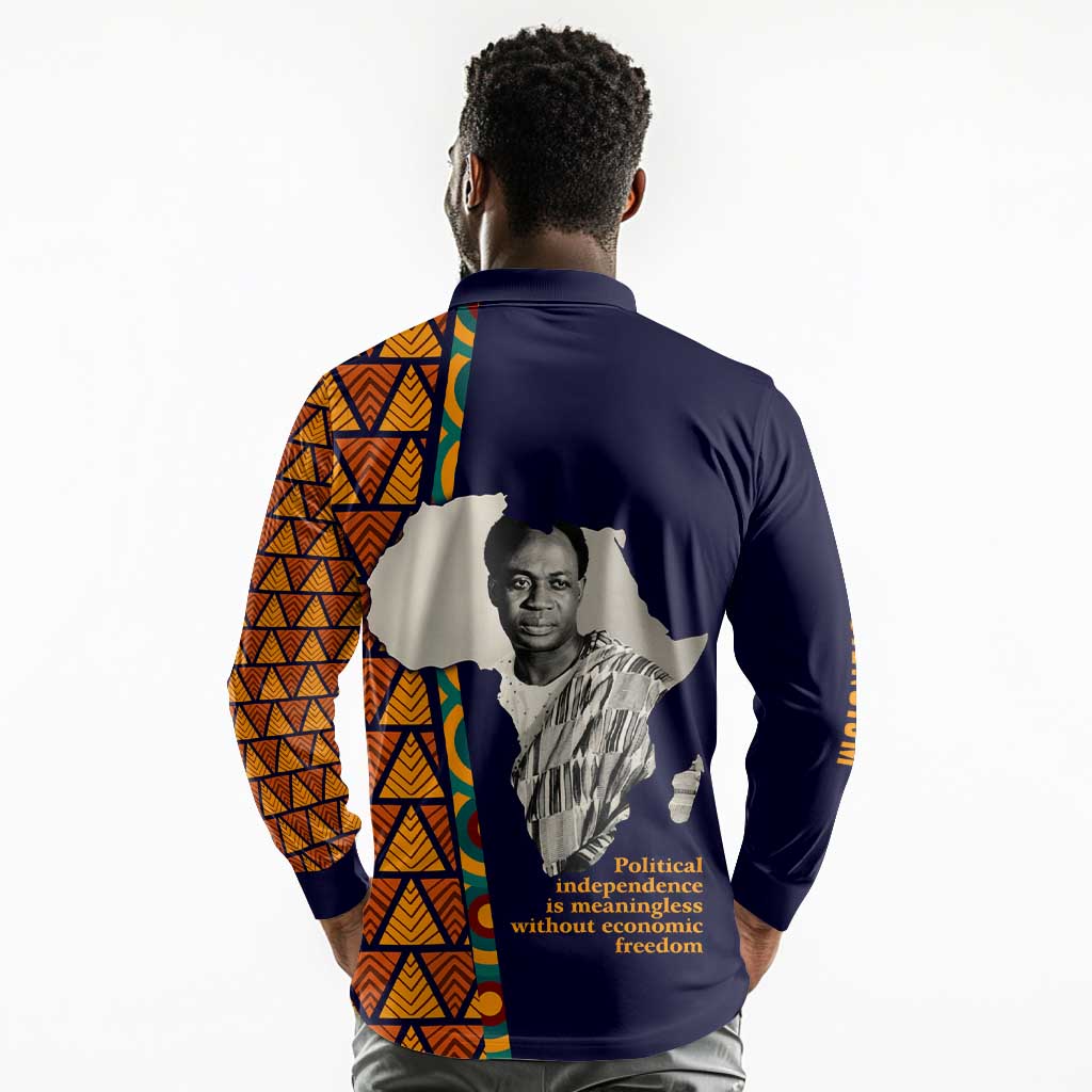 Kwame Nkrumah Ghana Long Sleeve Polo Shirt African Map Pattern Design and Economic Freedom Quote Tribute - African Pride