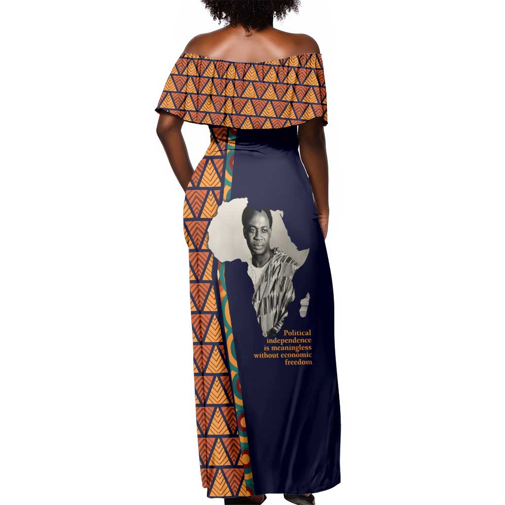 Kwame Nkrumah Ghana Off Shoulder Maxi Dress African Map Pattern Design and Economic Freedom Quote Tribute - African Pride