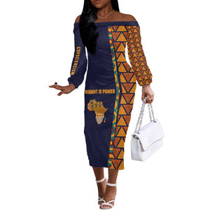 Kwame Nkrumah Ghana Off The Shoulder Long Sleeve Dress African Map Pattern Design and Economic Freedom Quote Tribute - African Pride
