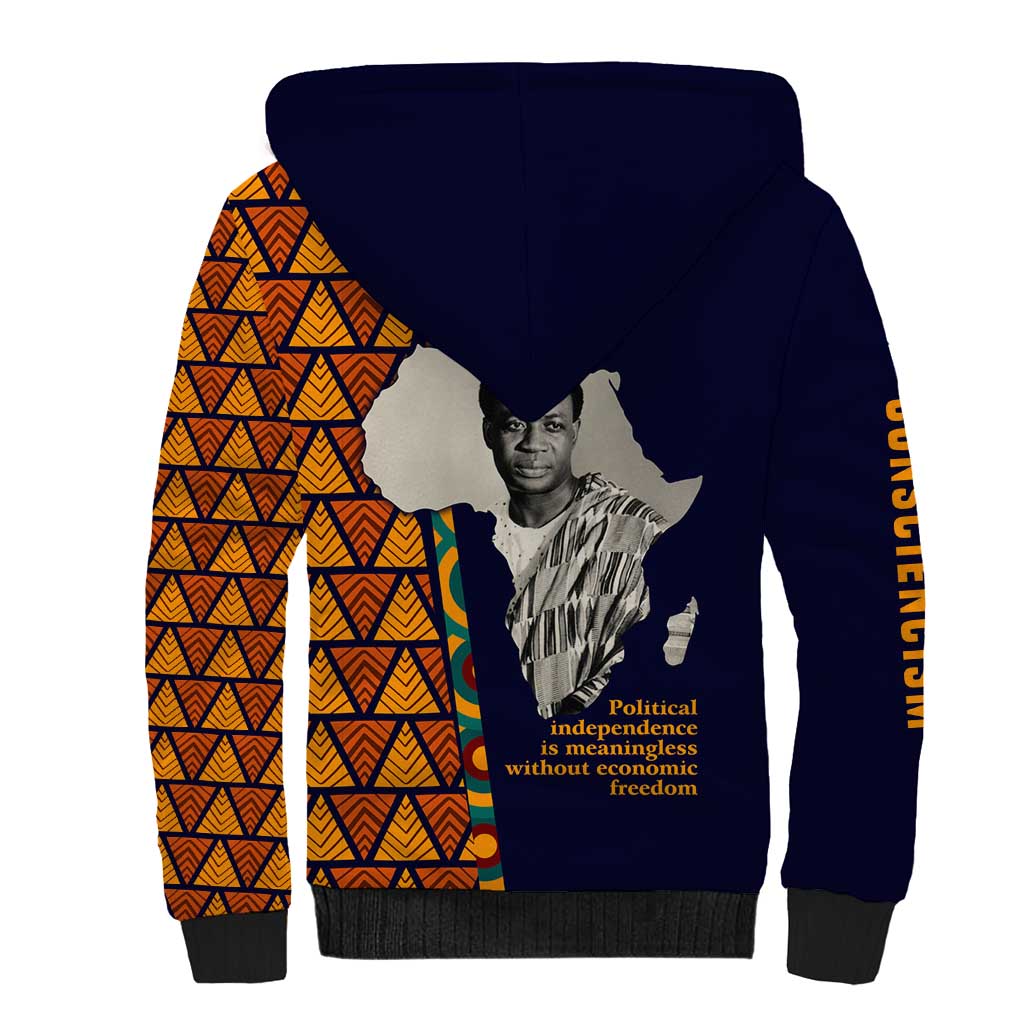 Kwame Nkrumah Ghana Sherpa Hoodie African Map Pattern Design and Economic Freedom Quote Tribute - African Pride