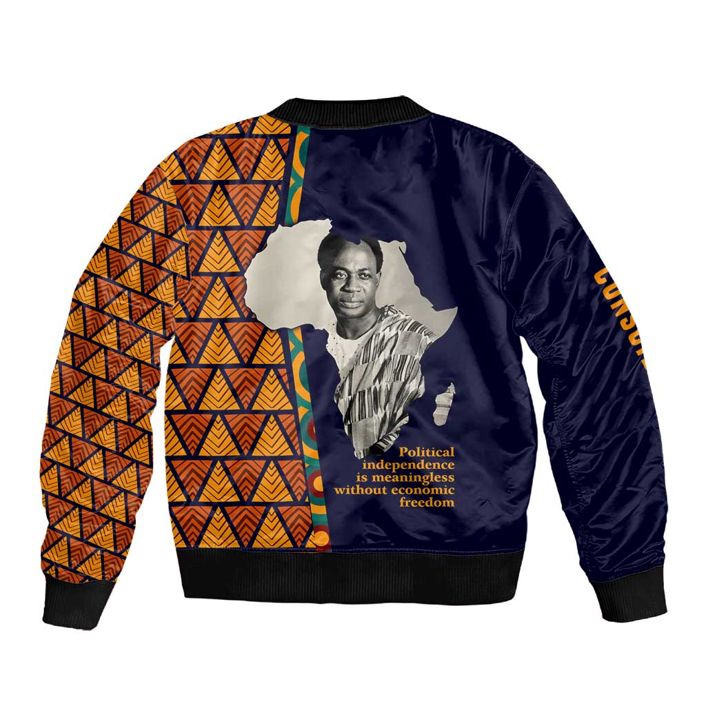 Kwame Nkrumah Ghana Sleeve Zip Bomber Jacket African Map Pattern Design and Economic Freedom Quote Tribute - African Pride