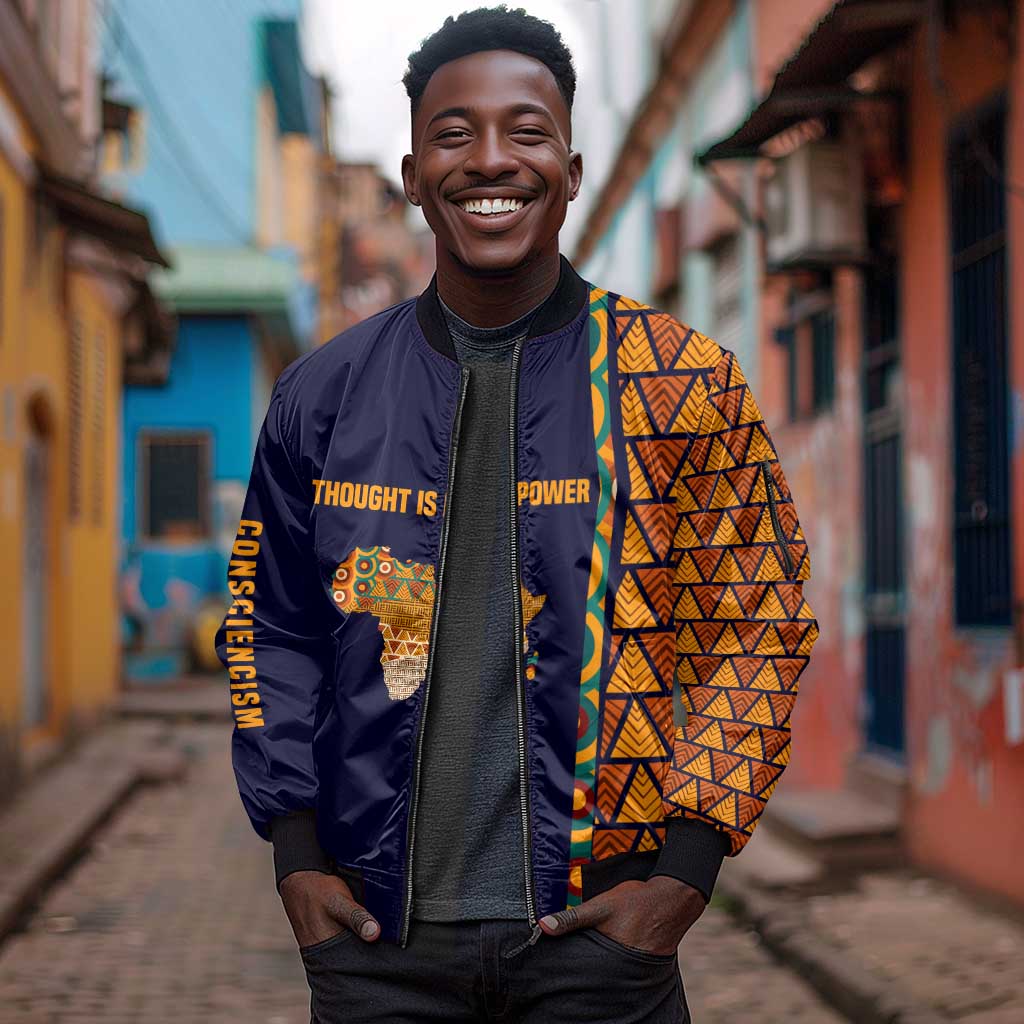 Kwame Nkrumah Ghana Sleeve Zip Bomber Jacket African Map Pattern Design and Economic Freedom Quote Tribute - African Pride