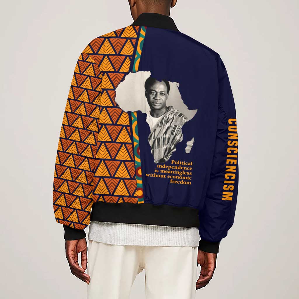 Kwame Nkrumah Ghana Sleeve Zip Bomber Jacket African Map Pattern Design and Economic Freedom Quote Tribute - African Pride