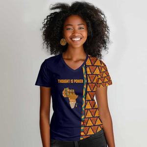 Kwame Nkrumah Ghana Women V-Neck T-Shirt African Map Pattern Design and Economic Freedom Quote Tribute - African Pride