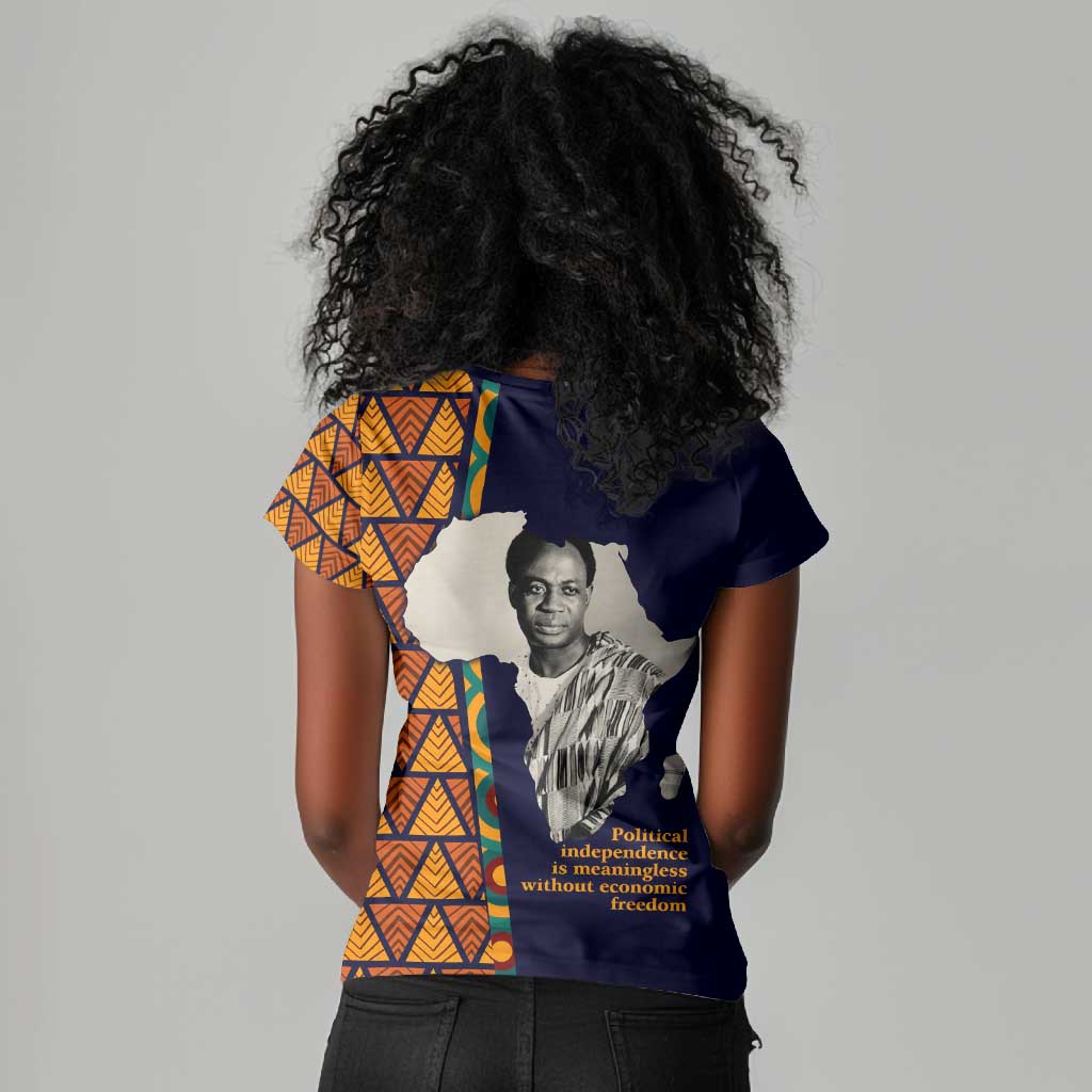Kwame Nkrumah Ghana Women V-Neck T-Shirt African Map Pattern Design and Economic Freedom Quote Tribute - African Pride