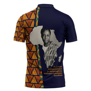 Kwame Nkrumah Ghana Zipper Polo Shirt African Map Pattern Design and Economic Freedom Quote Tribute - African Pride