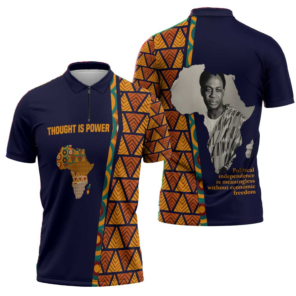 Kwame Nkrumah Ghana Zipper Polo Shirt African Map Pattern Design and Economic Freedom Quote Tribute - African Pride