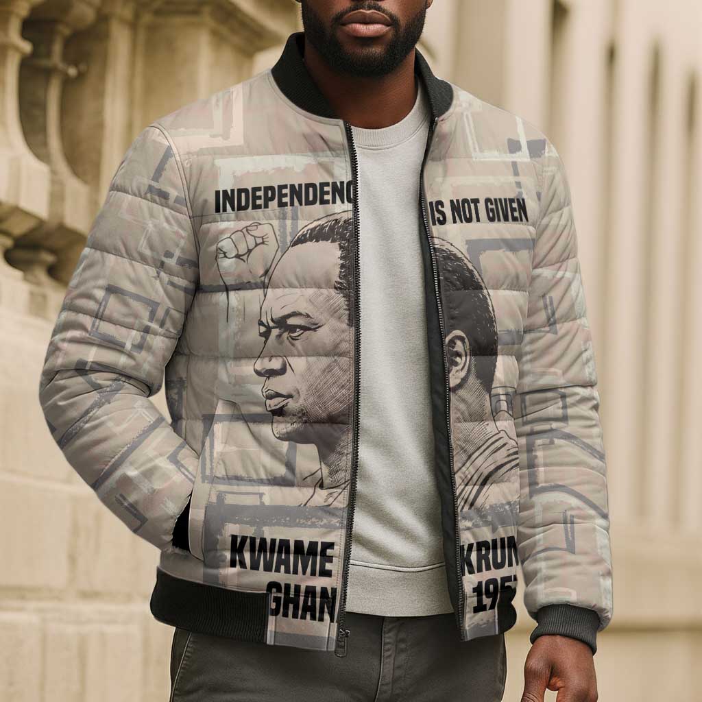 Kwame Nkrumah Bomber Puffer Jacket with Raised Fist Design and Independence Quote Ghana 1957 Tribute - African Pride