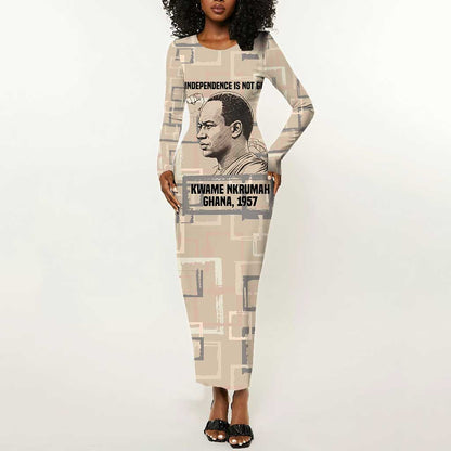 Kwame Nkrumah Long Sleeve Bodycon Dress with Raised Fist Design and Independence Quote Ghana 1957 Tribute - African Pride