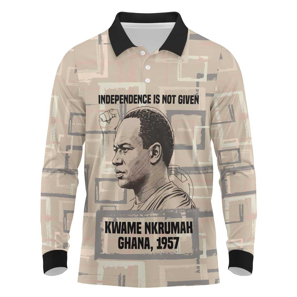 Kwame Nkrumah Long Sleeve Polo Shirt with Raised Fist Design and Independence Quote Ghana 1957 Tribute - African Pride