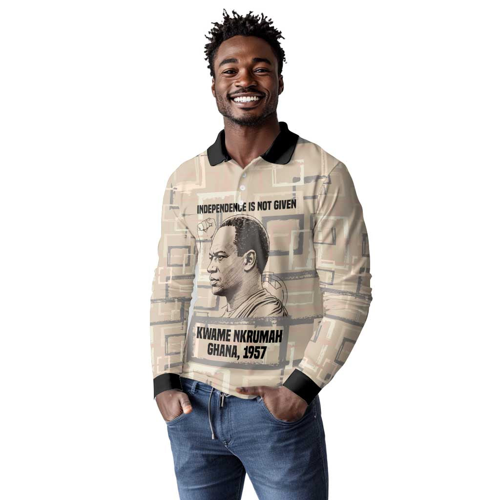 Kwame Nkrumah Long Sleeve Polo Shirt with Raised Fist Design and Independence Quote Ghana 1957 Tribute - African Pride
