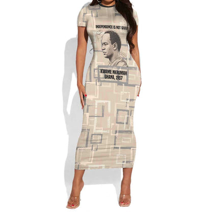 Kwame Nkrumah Short Sleeve Bodycon Dress with Raised Fist Design and Independence Quote Ghana 1957 Tribute - African Pride