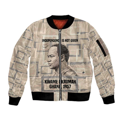 Kwame Nkrumah Sleeve Zip Bomber Jacket with Raised Fist Design and Independence Quote Ghana 1957 Tribute - African Pride