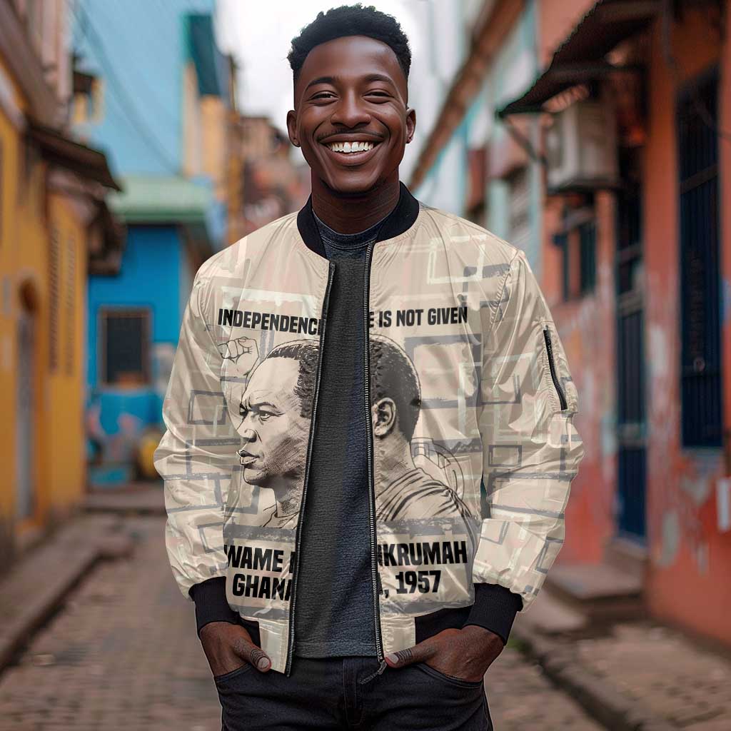 Kwame Nkrumah Sleeve Zip Bomber Jacket with Raised Fist Design and Independence Quote Ghana 1957 Tribute - African Pride