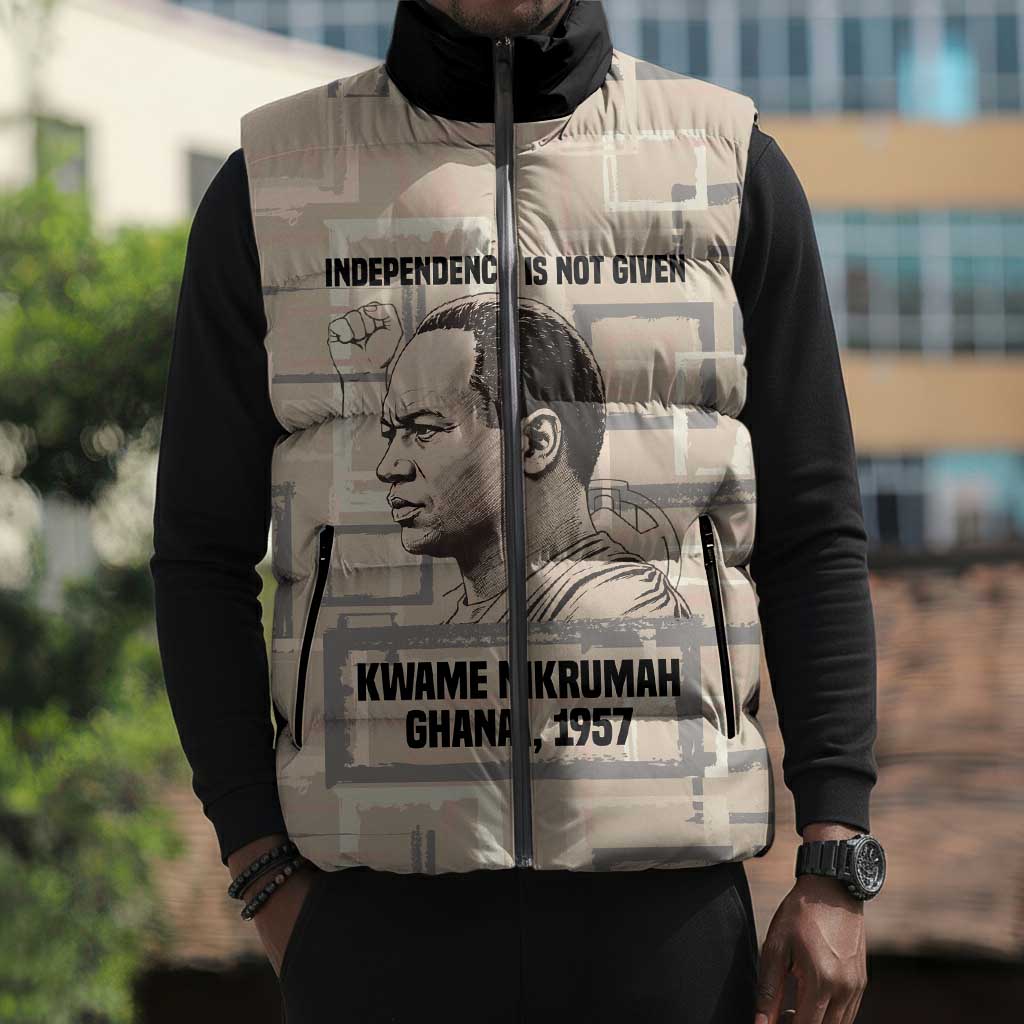 Kwame Nkrumah Sleeveless Puffer Jacket with Raised Fist Design and Independence Quote Ghana 1957 Tribute - African Pride