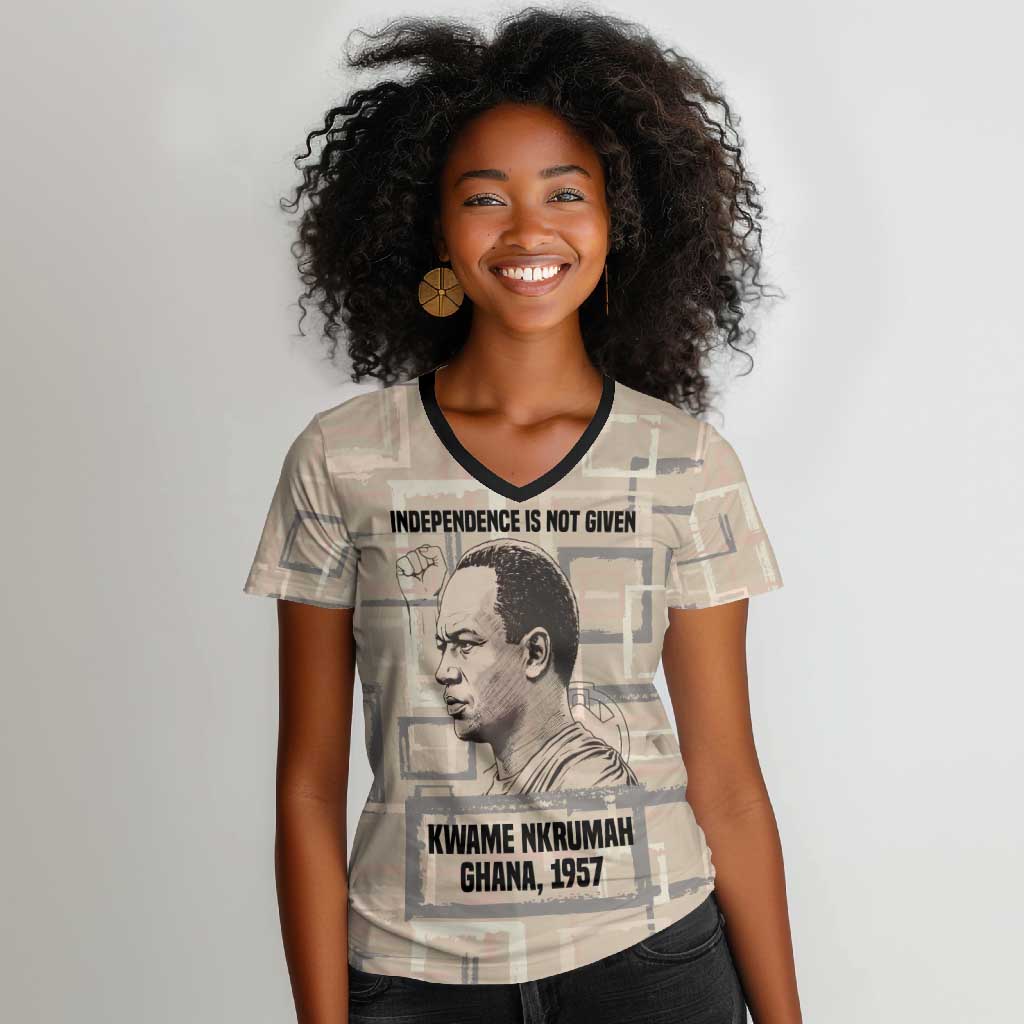 Kwame Nkrumah Women V-Neck T-Shirt with Raised Fist Design and Independence Quote Ghana 1957 Tribute - African Pride