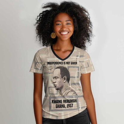 Kwame Nkrumah Women V-Neck T-Shirt with Raised Fist Design and Independence Quote Ghana 1957 Tribute - African Pride