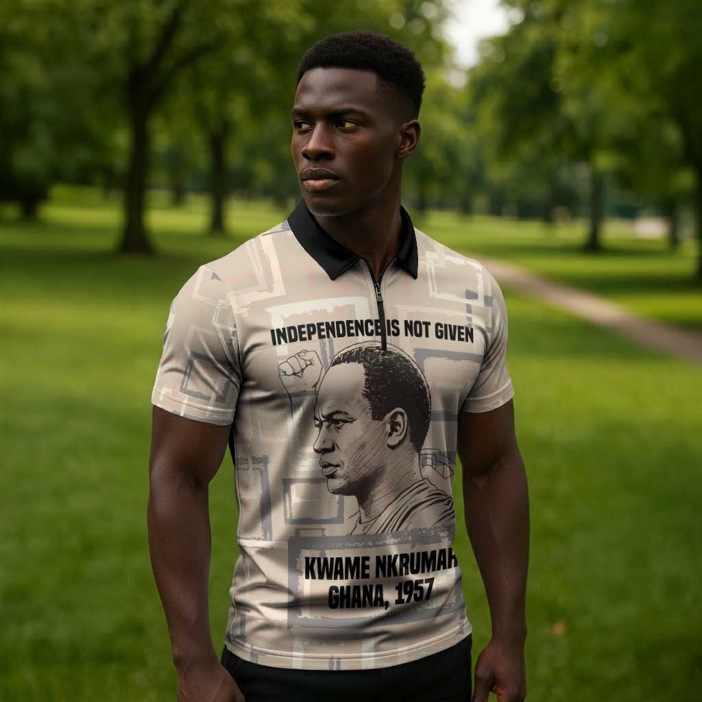 Kwame Nkrumah Zipper Polo Shirt with Raised Fist Design and Independence Quote Ghana 1957 Tribute - African Pride