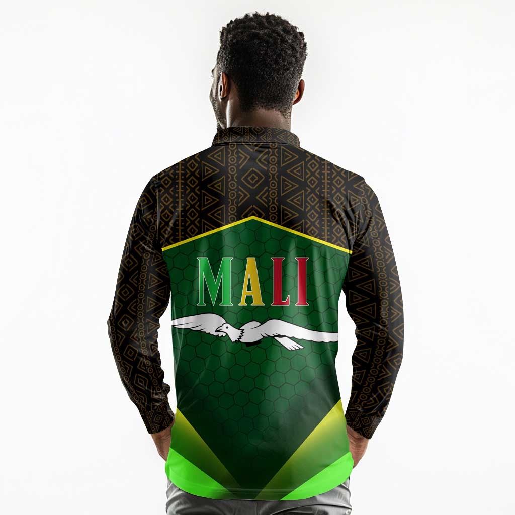 Mali Map Long Sleeve Polo Shirt Vulture in Gliding Flight - African Patterns Design