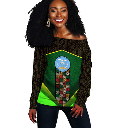 Mali Map Off Shoulder Sweater Vulture in Gliding Flight - African Patterns Design