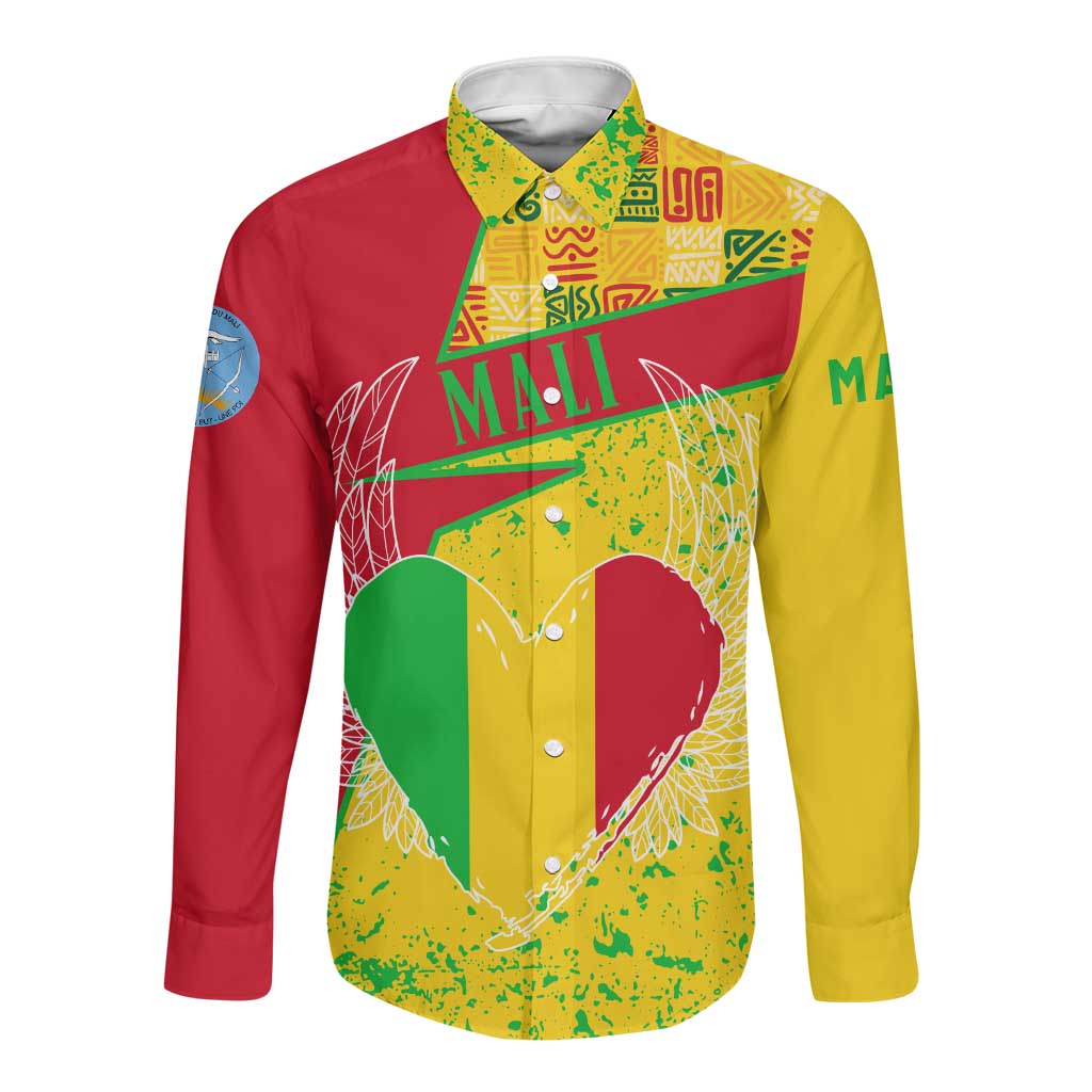 Mali in My Heart Long Sleeve Button Shirt Map with National Flag Colors