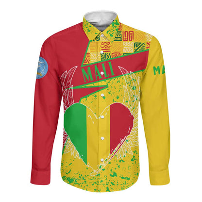 Mali in My Heart Long Sleeve Button Shirt Map with National Flag Colors