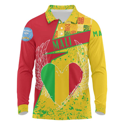 Mali in My Heart Long Sleeve Polo Shirt Map with National Flag Colors