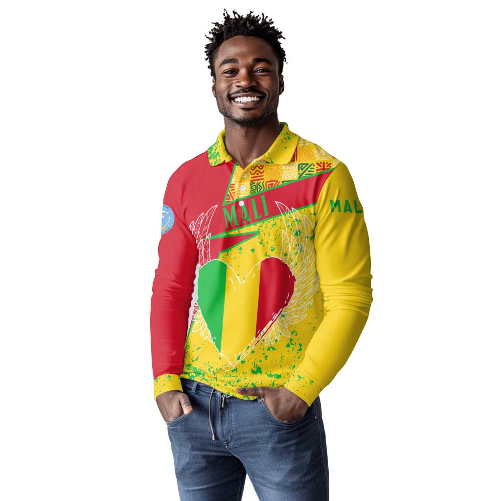 Mali in My Heart Long Sleeve Polo Shirt Map with National Flag Colors