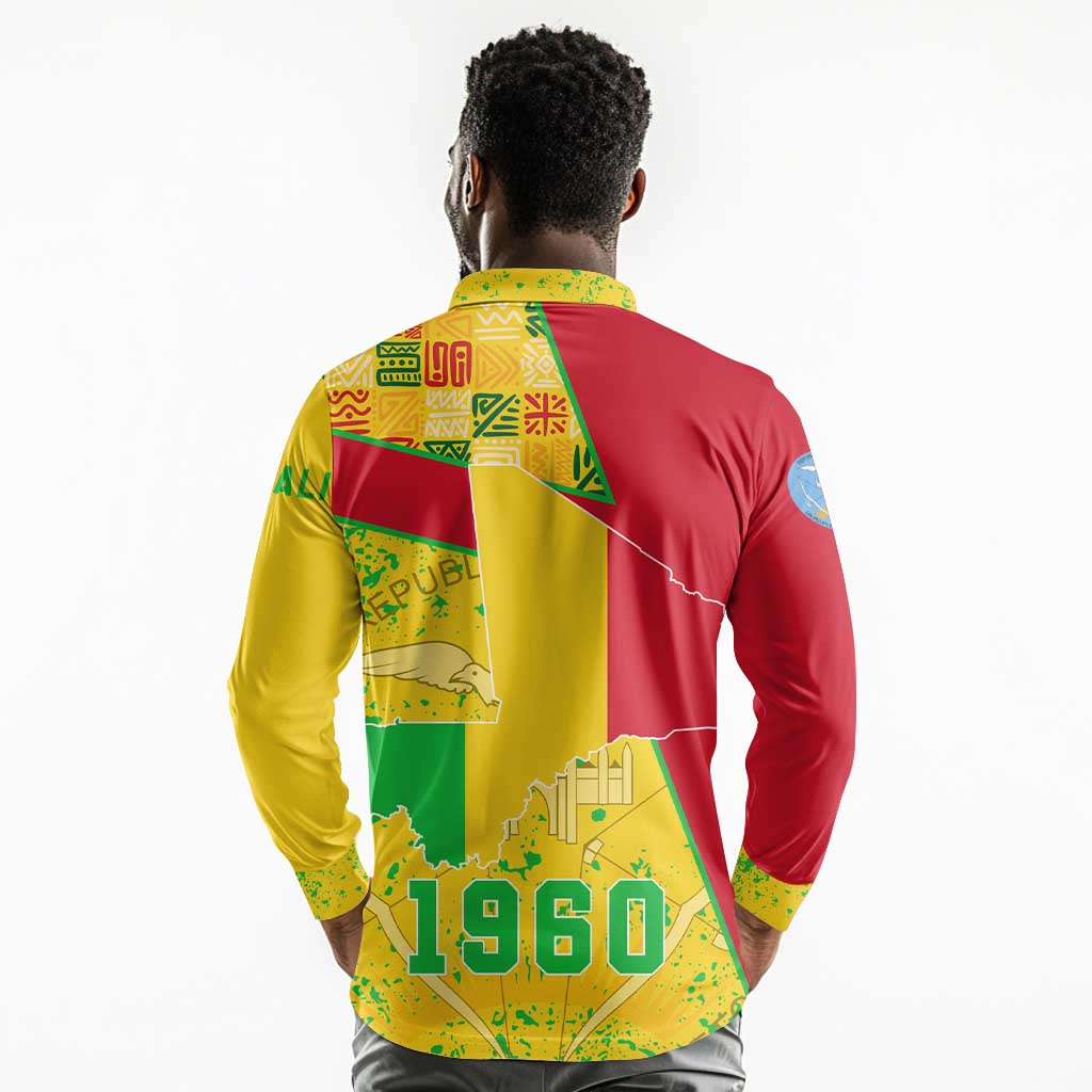 Mali in My Heart Long Sleeve Polo Shirt Map with National Flag Colors