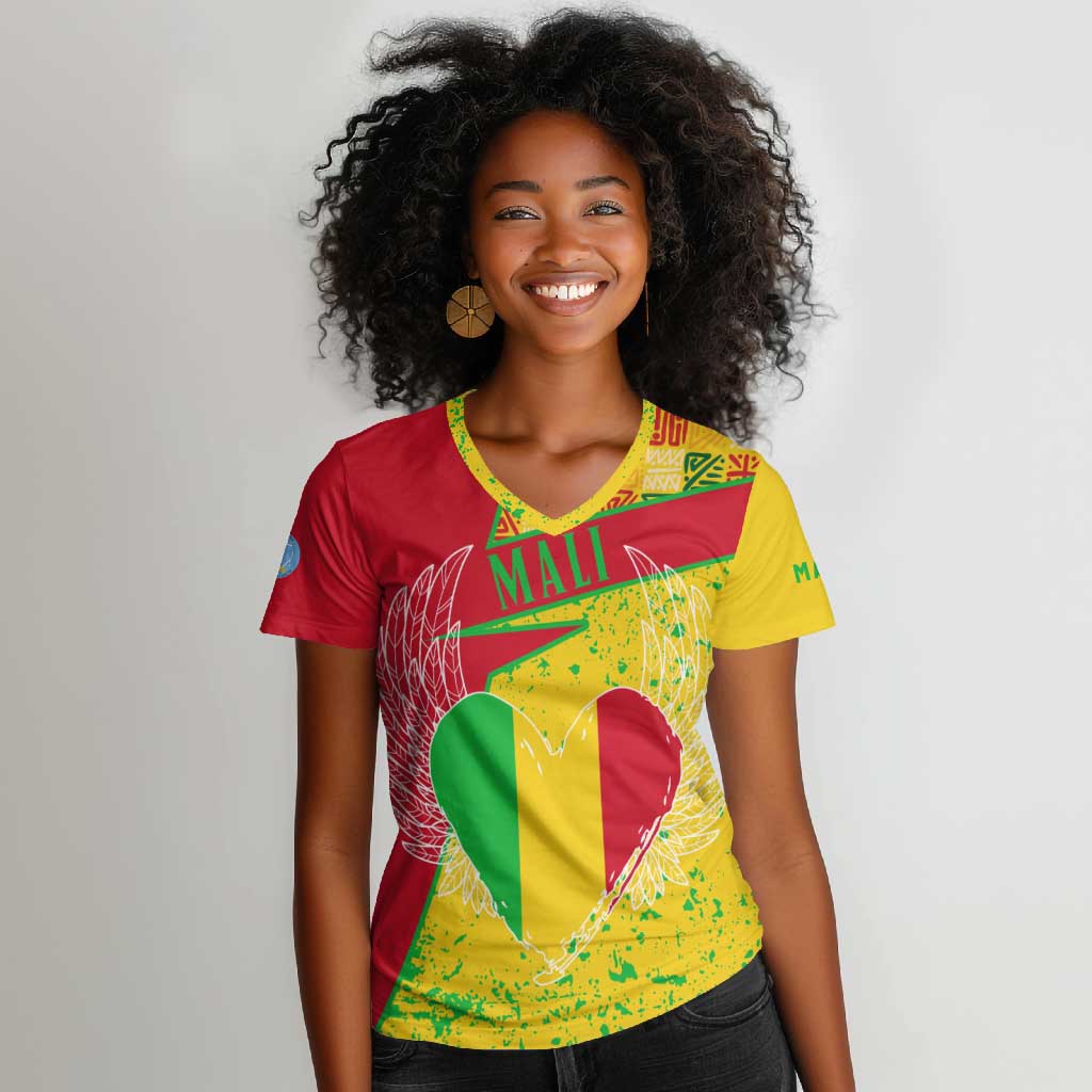 Mali in My Heart Women V-Neck T-Shirt Map with National Flag Colors