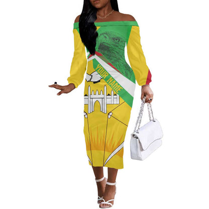Mali Vulture Eagles Off The Shoulder Long Sleeve Dress African Pattern Flag Color