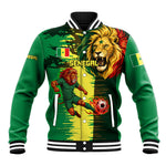 Personalized Senegal Football Lion Baseball Jacket Fierce Roaring Lion Soccer Art With Senegal Flag