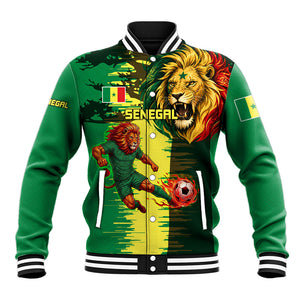Personalized Senegal Football Lion Baseball Jacket Fierce Roaring Lion Soccer Art With Senegal Flag