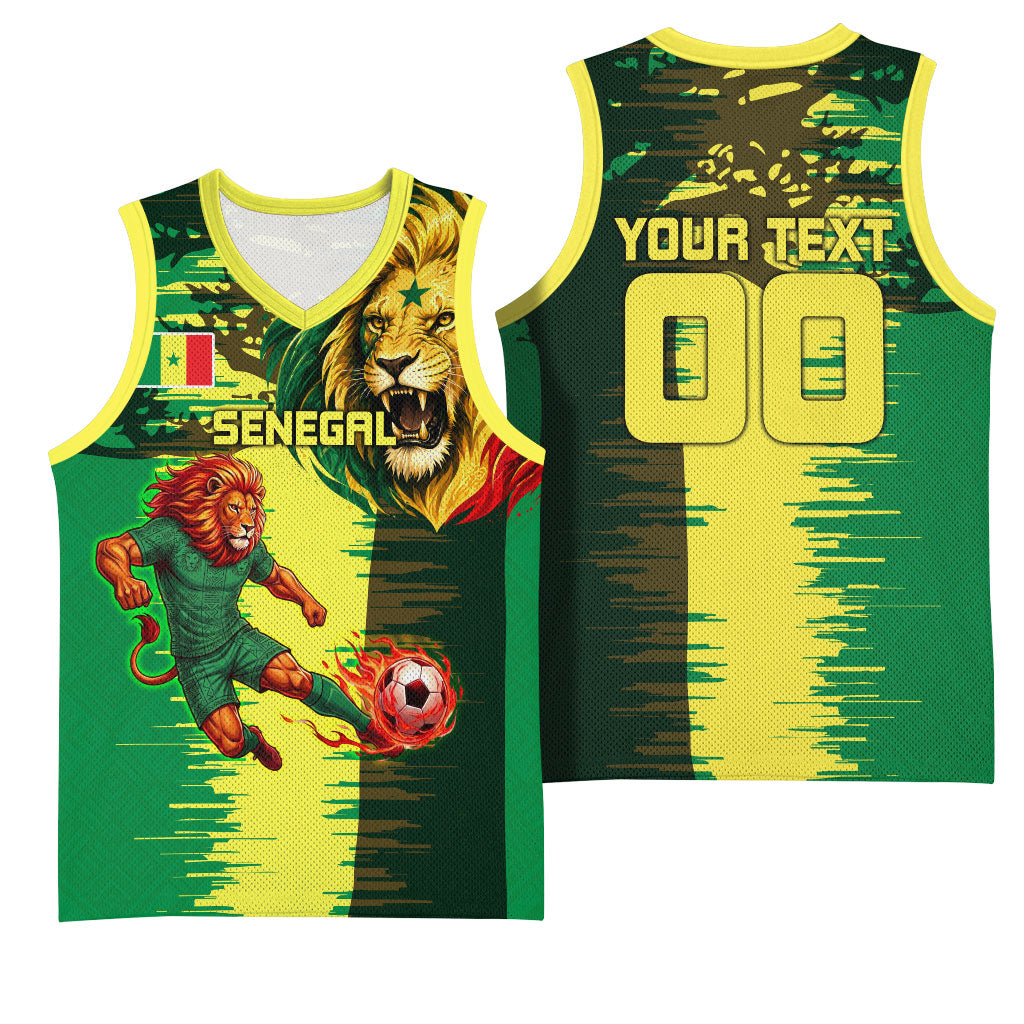 Personalized Senegal Football Lion Basketball Jersey Fierce Roaring Lion Soccer Art With Senegal Flag