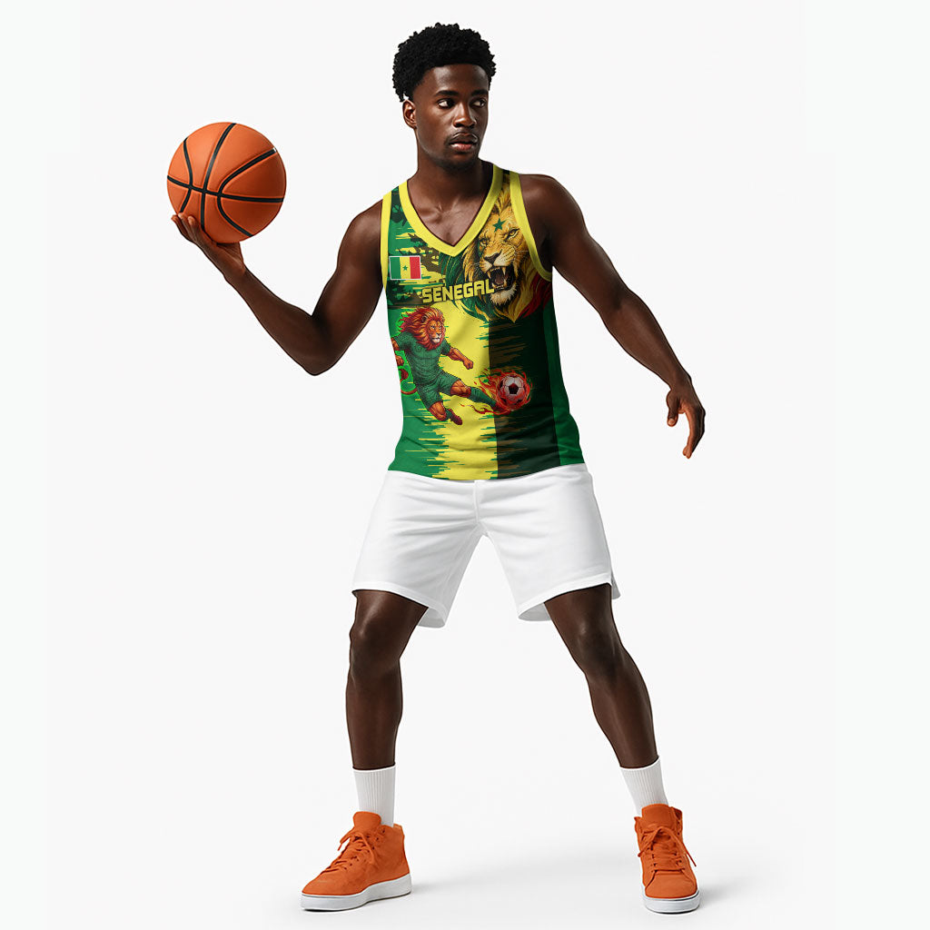 Personalized Senegal Football Lion Basketball Jersey Fierce Roaring Lion Soccer Art With Senegal Flag