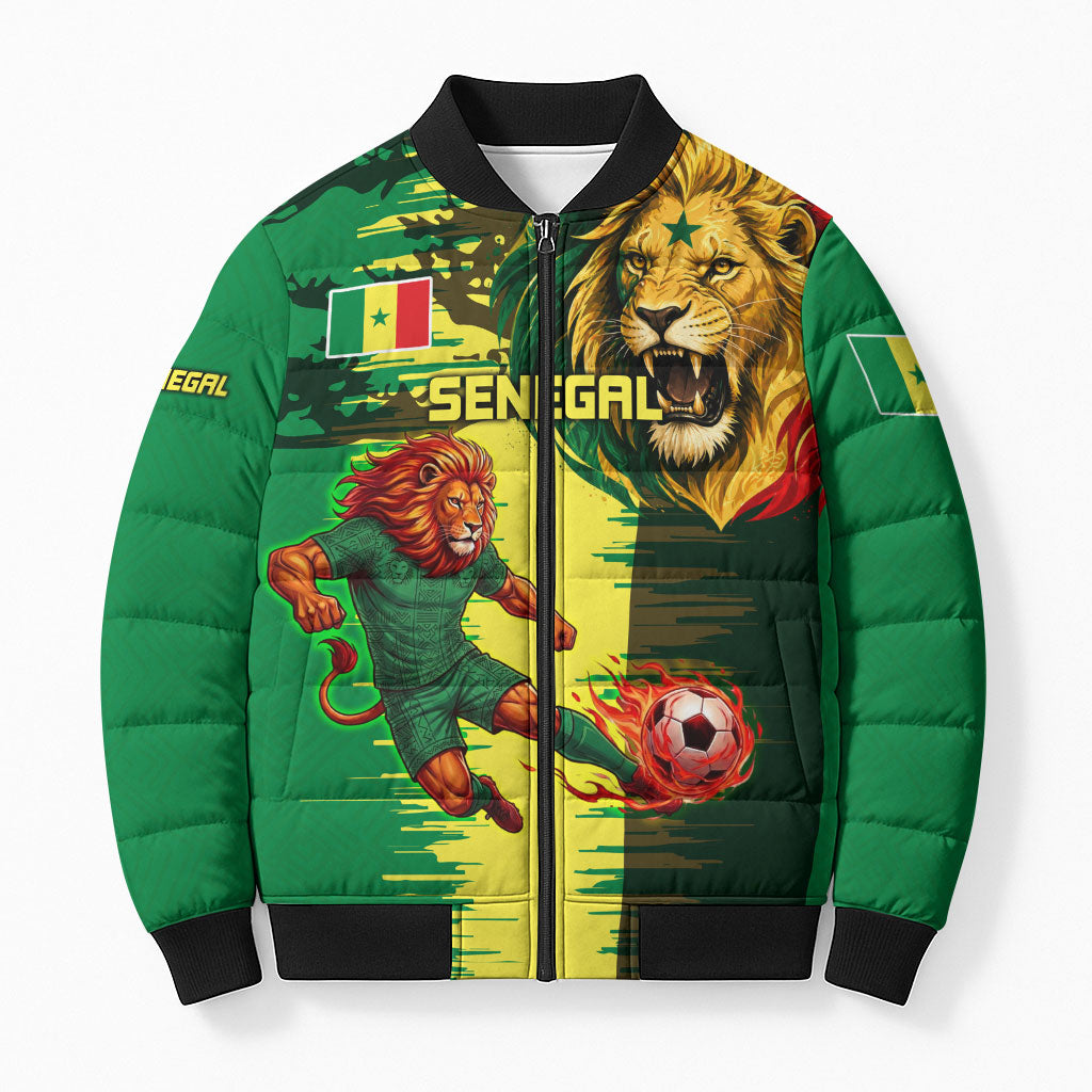 Personalized Senegal Football Lion Bomber Puffer Jacket Fierce Roaring Lion Soccer Art With Senegal Flag