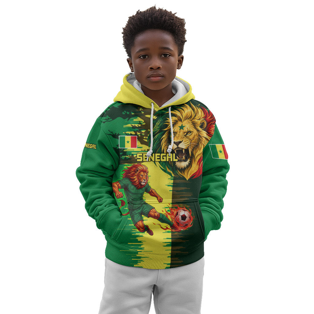 Personalized Senegal Football Lion Kid Hoodie Fierce Roaring Lion Soccer Art With Senegal Flag