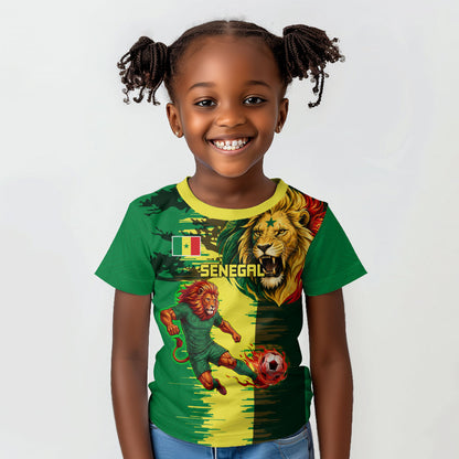 Personalized Senegal Football Lion Kid T shirt Fierce Roaring Lion Soccer Art With Senegal Flag