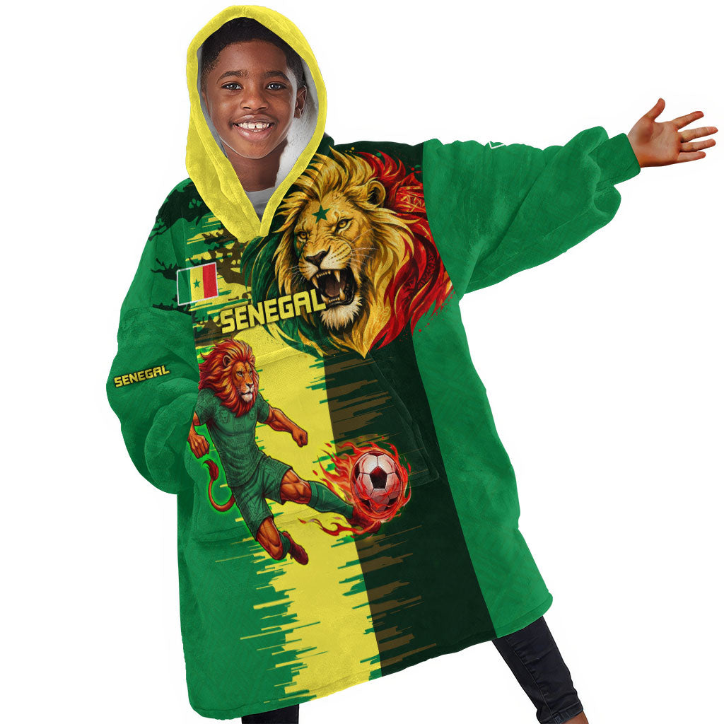 Personalized Senegal Football Lion Kid Wearable Blanket Hoodie Fierce Roaring Lion Soccer Art With Senegal Flag