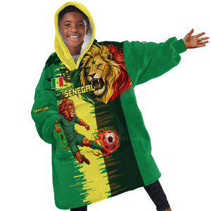Personalized Senegal Football Lion Kid Wearable Blanket Hoodie Fierce Roaring Lion Soccer Art With Senegal Flag