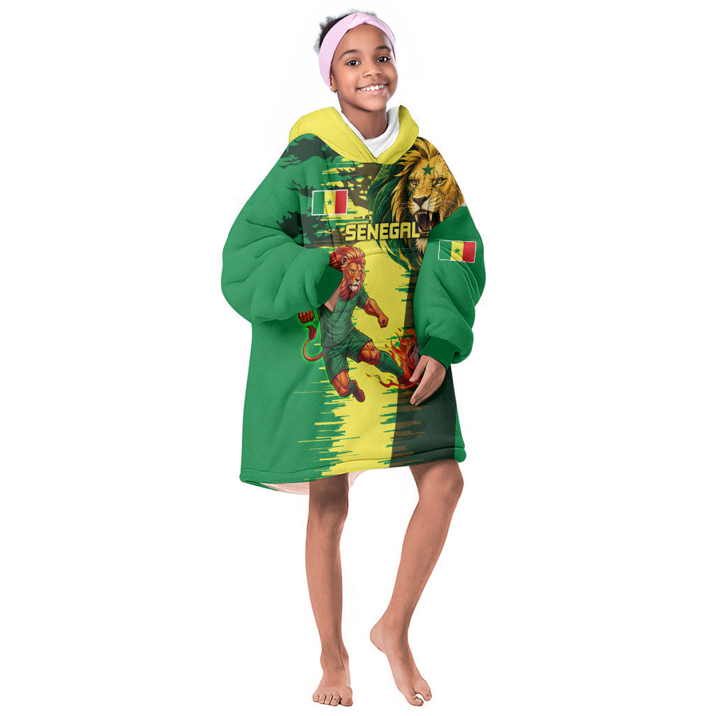 Personalized Senegal Football Lion Kid Wearable Blanket Hoodie Fierce Roaring Lion Soccer Art With Senegal Flag