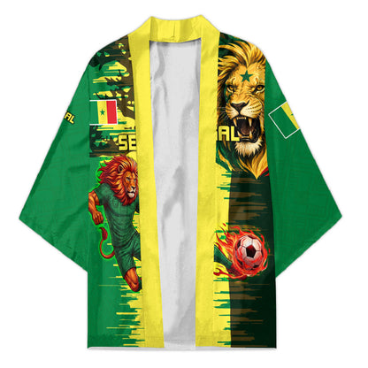 Personalized Senegal Football Lion Kimono Fierce Roaring Lion Soccer Art With Senegal Flag