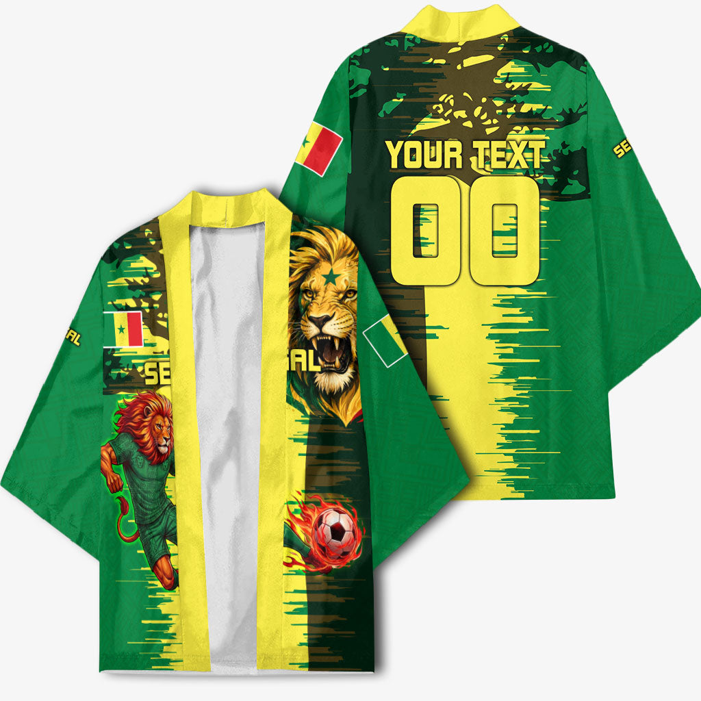 Personalized Senegal Football Lion Kimono Fierce Roaring Lion Soccer Art With Senegal Flag