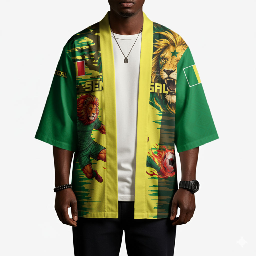 Personalized Senegal Football Lion Kimono Fierce Roaring Lion Soccer Art With Senegal Flag