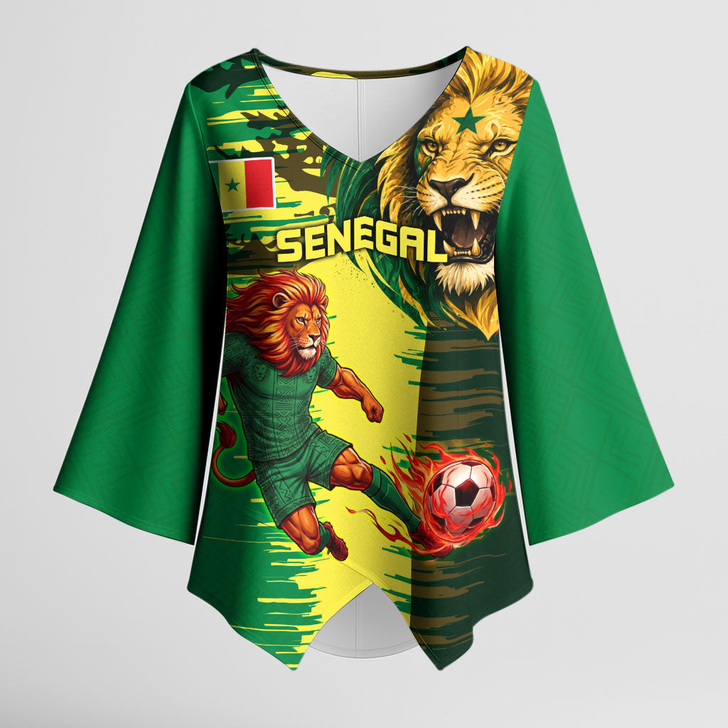 Personalized Senegal Football Lion Kimono Sleeve Blouse Fierce Roaring Lion Soccer Art With Senegal Flag