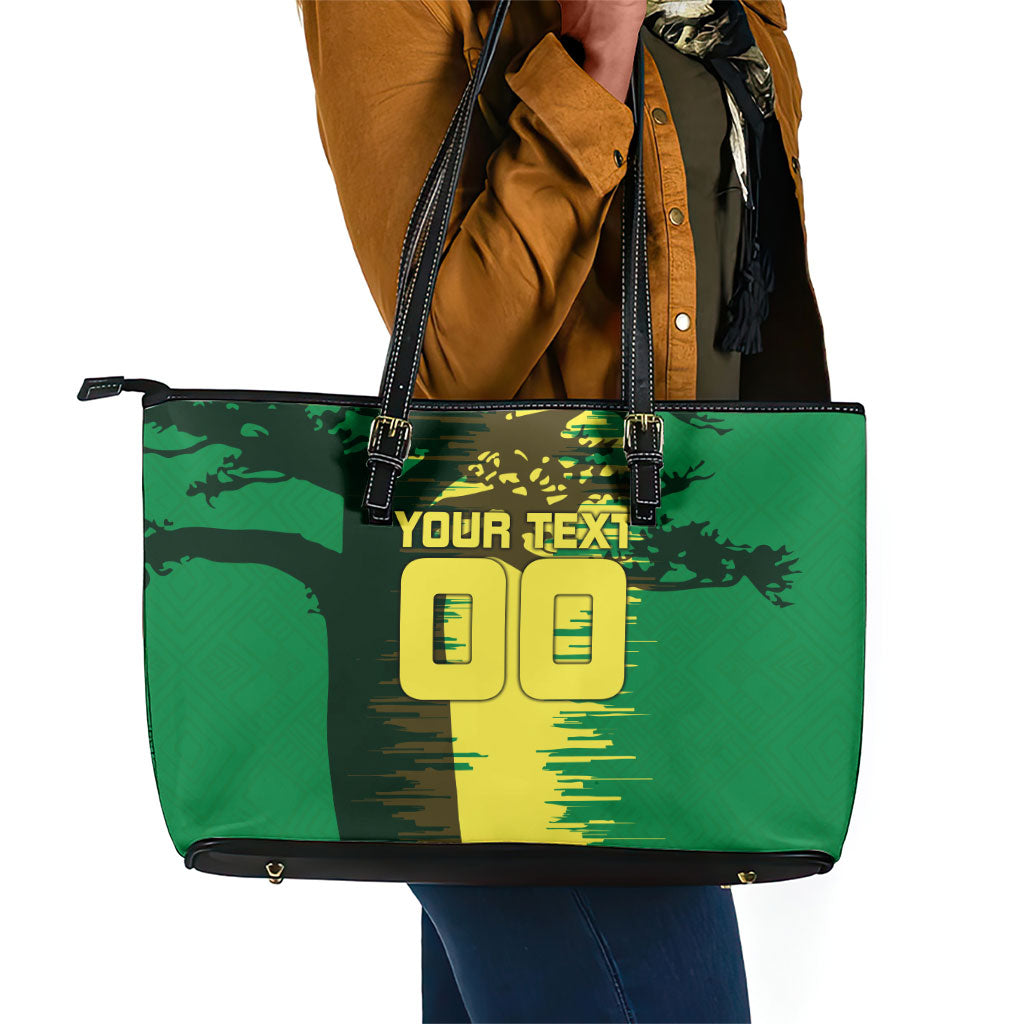 Personalized Senegal Football Lion Leather Tote Bag Fierce Roaring Lion Soccer Art With Senegal Flag