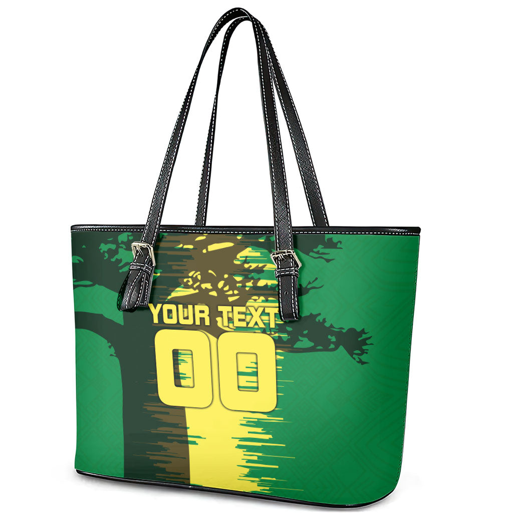 Personalized Senegal Football Lion Leather Tote Bag Fierce Roaring Lion Soccer Art With Senegal Flag